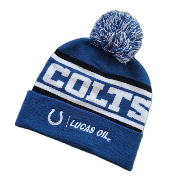 Indianapolis Colts NFL Lucas Oil Beanie Knit Cap With Pom Horseshoe Blue & White - Picture 1 of 8